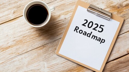 2025 Roadmap text on clipboard alongside a cup of coffee, symbolizing milestones planning and strategy in a cozy workspace