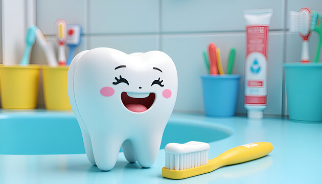 Cute cartoon tooth with toothbrush - happy dental care for kids