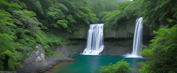 Naklejka premium Majestic Cascades Surrounded by Verdant Wilderness