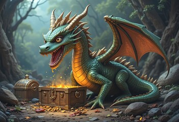 Fototapeta premium Cute Dragon Discovering Treasure Chest in a Forest. A whimsical 3D rendered image of a small adorable dragon with vibrant green scales and gold accents discovering a treasure chest filled