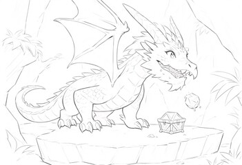 Fototapeta premium Cute Cartoon Dragonguarding a Treasure Chest in a Jungle Setting. A whimsical black and white line art illustration of a small friendly dragon standing on a rocky outcrop in a jungle environment
