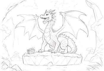 Obraz premium Cute Dragon with Treasure in a Forest Sketch. A whimsical hand-drawn sketch of a small friendly dragon perched on a rocky outcrop overlooking a tranquil forest stream