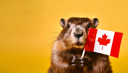 Beaver holding Canadian flag on yellow background