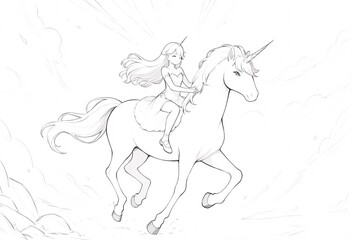  Anime girl rides a majestic unicorn through a magical landscape. A captivating grayscale illustration showcases an anime-style girl astride a majestic unicorn seemingly in motion