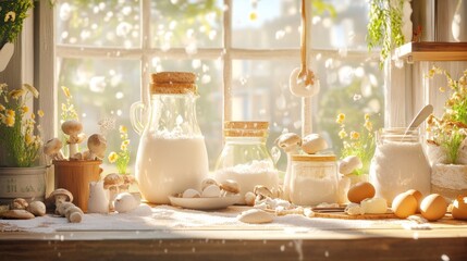 A fresh assortment of baking ingredients including mushrooms, eggs, and milk on a table, ideal for holiday cooking preparations