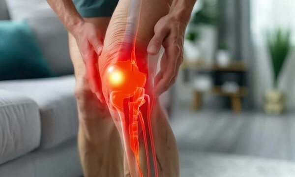 elderly man experiencing discomfort due to knee injury or arthritis. Augmented reality knee pain highlighted in red