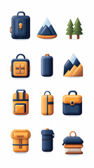 Set of icons depicting hiking, trekking and backpacking elements on a white background