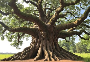 Obraz premium Majestic Old Tree with Extensive Roots in a Lush Landscape. A breathtaking view of a towering ancient tree with a vast gnarled trunk and spreading branches laden with lush green foliage