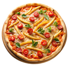Delicious pizza with french fries tomatoes and basil hot red eat food meal on transparent background