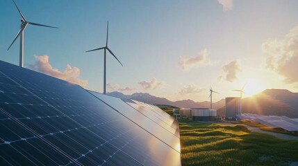 Renewable energy facility with solar panels and wind turbines. Featuring sustainable energy production. Highlighting green technology and efficiency. Ideal for renewable energy industry visuals.
