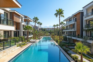 Fototapeta premium Modern Residential Complex with Pool,Antalya Surrounded by Palm Trees and Gardens Under Clear Blue Sky