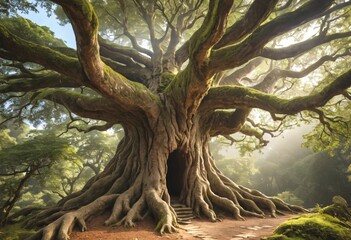 Fototapeta premium Majestic ancient tree with sprawling roots in a mystical forest. A captivating image of a colossal ancient tree with intricate sprawling roots creating a mystical and awe-inspiring scene