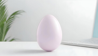 Fototapeta premium Single pastel egg stands on a desk with laptop and plant for product mockups