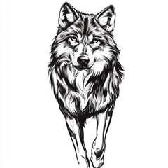Naklejka premium a black and white drawing of a wolf on a white background The wolf is depicted in a realistic style, with its fur and features clearly visible Its eyes are wide a
