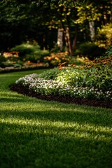 Serene garden landscape with flowerbed, grass, and soft sunlight streaming through trees