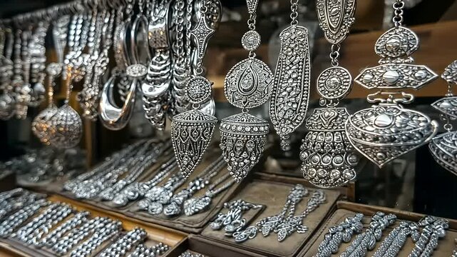 Intricate Silver Jewelry Display at a Bazaar, Featuring Ornate Earrings and Necklaces