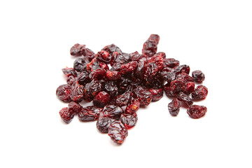 A small pile of dried cranberries with vibrant red hues, shiny surfaces, and wrinkled texture, arranged on a clean white background