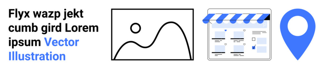 Web storefront with striped canopy, geolocation pin, and abstract landscape art. Three main elements blend with lorem ipsum text. Ideal for online shops, digital presence, branding, e-commerce