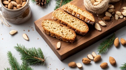 Savory biscotti with almonds and pine accents on a wooden board in a warm setting