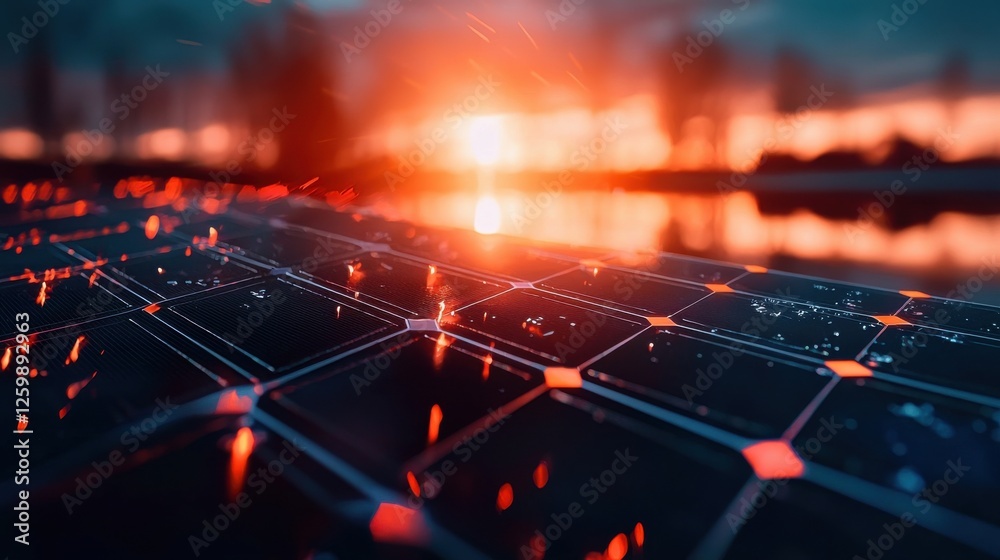 Poster futuristic digital network connectivity landscape with illuminated grid pattern and binary codes