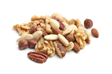 A mix of nuts, including walnuts, pecans, hazelnuts, almonds, cashews, and Brazil nuts, arranged on a white background, emphasizing variety and textures