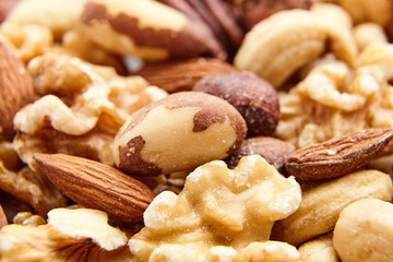 A close-up of assorted mixed nuts, featuring Brazil nuts, walnuts, almonds, hazelnuts, cashews, and pecans, showcasing their natural textures and colors