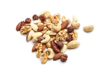 A scattered assortment of mixed nuts, including walnuts, cashews, almonds, hazelnuts, pecans, and Brazil nuts, displayed on a white background for clarity