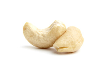 Two whole raw cashew nuts with smooth, creamy texture on a white background. Perfect for vegan, healthy eating, organic, and natural food themes