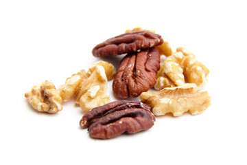Mix of Walnuts and Pecans Isolated on White Background