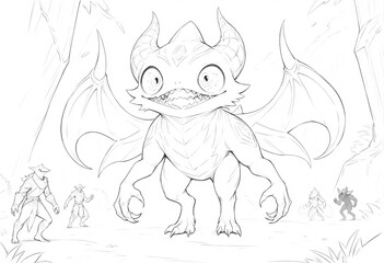 Obraz premium A menacing baby dragon sketch in a jungle setting. A detailed line art sketch of a large baby dragon with exaggerated features posing menacingly amidst a jungle environment
