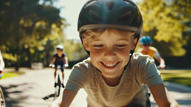 A joyful young boy wearing a helmet rides his bicycle on a sunny day, with friends following behind. The bright and cheerful atmosphere, surrounded by lush green trees