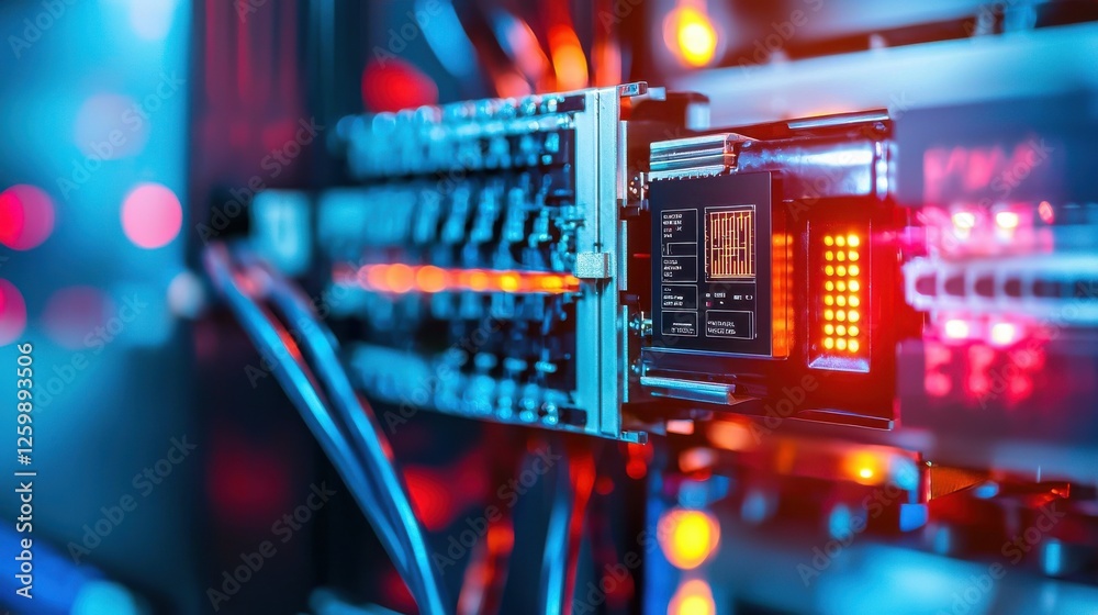 Poster closeup view of networking server rack with colorful lights in data center