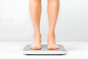 Weighing on scale for wellness tracking indoors against a white background