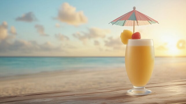 Tropical pina colada cocktail with umbrella and fruit garnish on wooden beach table at sunset. Summer vacation vibes