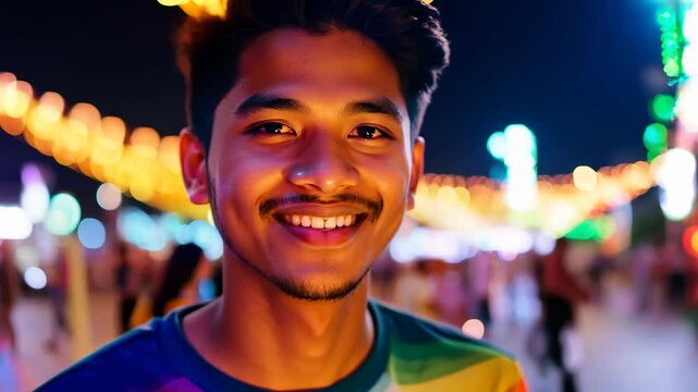 A cheerful young man wearing a rainbow-colored shirt enjoys a vibrant night festival, surrounded by glowing city lights and festive decorations. The warm and colorful atmosphere captures the joy 