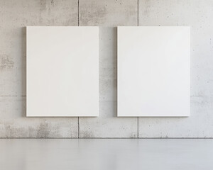 Minimalist Decor with Two Blank Canvases on Concrete Wall for Modern Art Display and Interior...