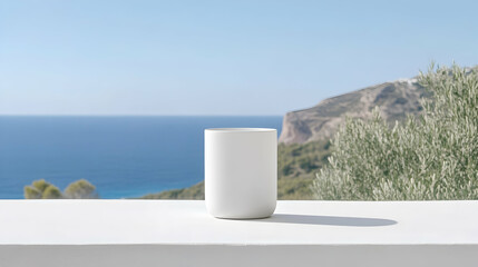 Obraz premium White mug resting on ledge, overlooking scenic ocean views under bright sunlight