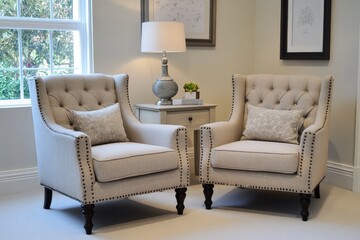 Elegant Living Room Interior Featuring Beige Fabric Armchairs with Dark Wood Legs and Nailhead Trim on White Carpet Floor