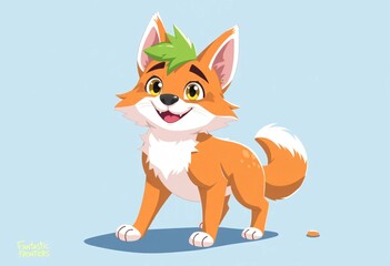 Obraz premium Adorable Cartoon Fox Character Poses Against a Light Blue Background. A cheerful cartoon fox character likely from a children's book or animation stands against a pale blue backdrop