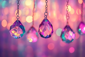 Sparkling crystals in a deep purple color hang with a blurred, out-of-focus background