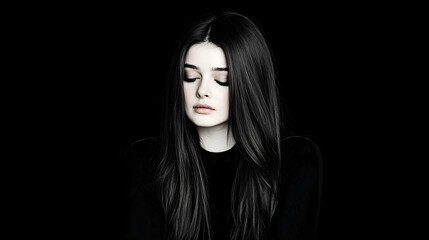 Woman with closed eyes in black dress, indoor studio portrait with dark background