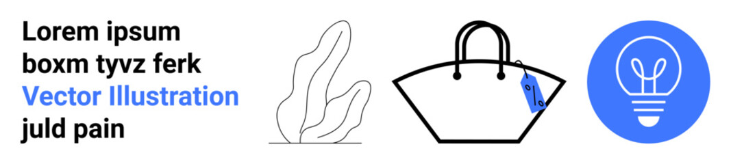 Minimal shopping bag with tag, modern light bulb design, abstract plant sketch with text elements. Ideal for shopping, branding, creativity, minimalism, lifestyle, eco-design flat landing page