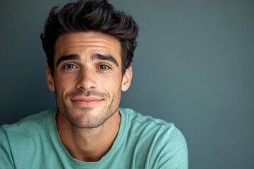 Fototapeta premium A studio setting provides the backdrop for a young man with a beard, who wears a light gray shirt while gazing upward against a plain background