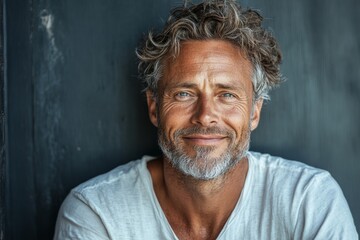 Obraz premium With a light gray background behind him, a smiling man in a white shirt showcases his confidence and friendly nature in a setting filled with ample light