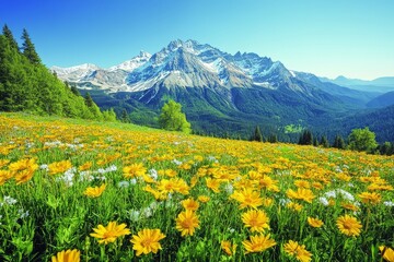 Fototapeta premium Panoramic British Columbia Mountains with Wildflowers Bloom and Snowy Peaks Under Blue Skies. Lush Meadows with Yellow Flowers Create Picturesque Scene.