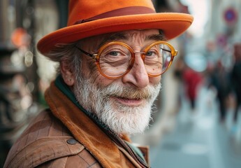 Portrait of a cheerful elderly man wearing an orange hat and glasses, smiling warmly at the camera while standing outdoors in an urban environment