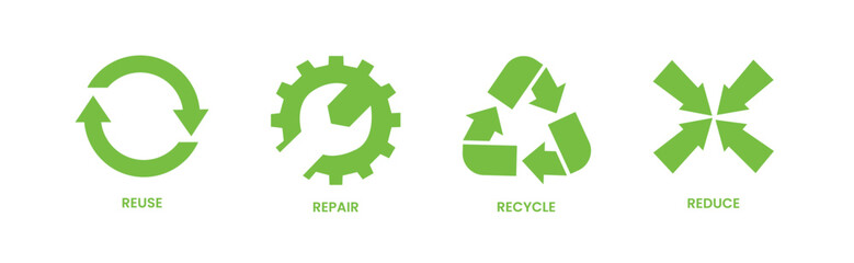 Recycle symbols. Recycling arrow icons. Reusing symbols label. Set of green symbols and signs reduce, repair, reuse, recycle for product packaging design, information about transported goods 