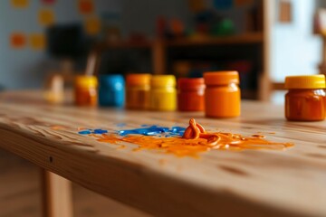 Fototapeta premium Paint Spilled in Classroom Colorful mess for arts, education and creative projects