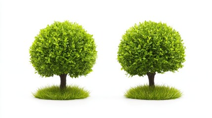 Two verdant trees with vibrant green leaves on a pristine white background two