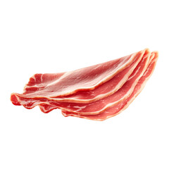 Jamon Iberico cured ham slices with marbled texture, isolated on white transparent background. Concept of cured meats.